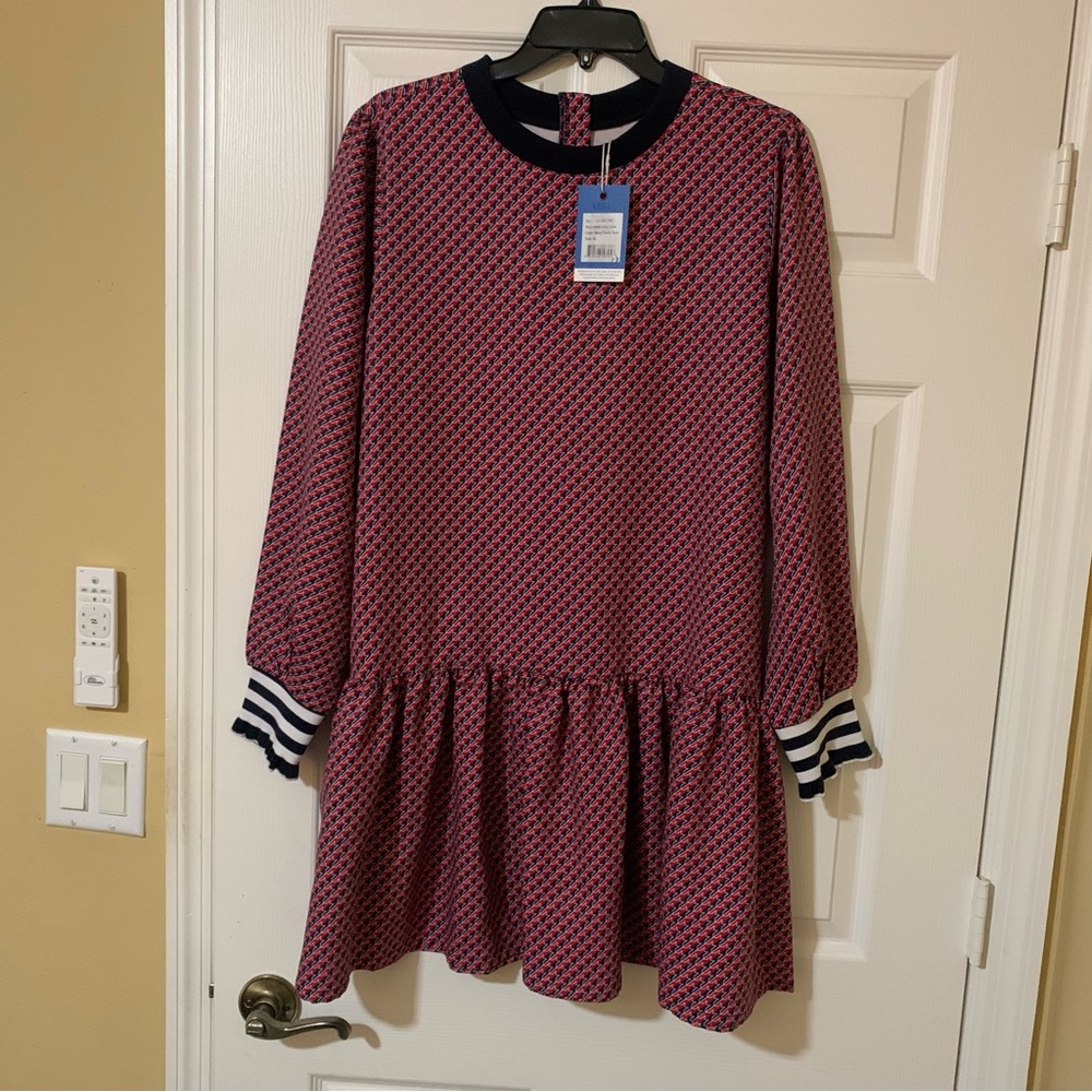 Addison Bay Long Sleeve Ruffle Hem Red White & Blue Patterned Mini Dress - Picture 5 of 11